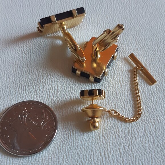 Vintage 1960s Wood Inlay Cuff Link & Tie Tack Set Gold Tone - Picture 7 of 8